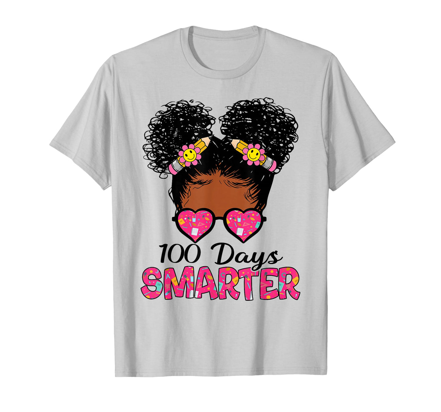 100 Days Smarter Black Girl Messy Bun 100th Day of School T-Shirt