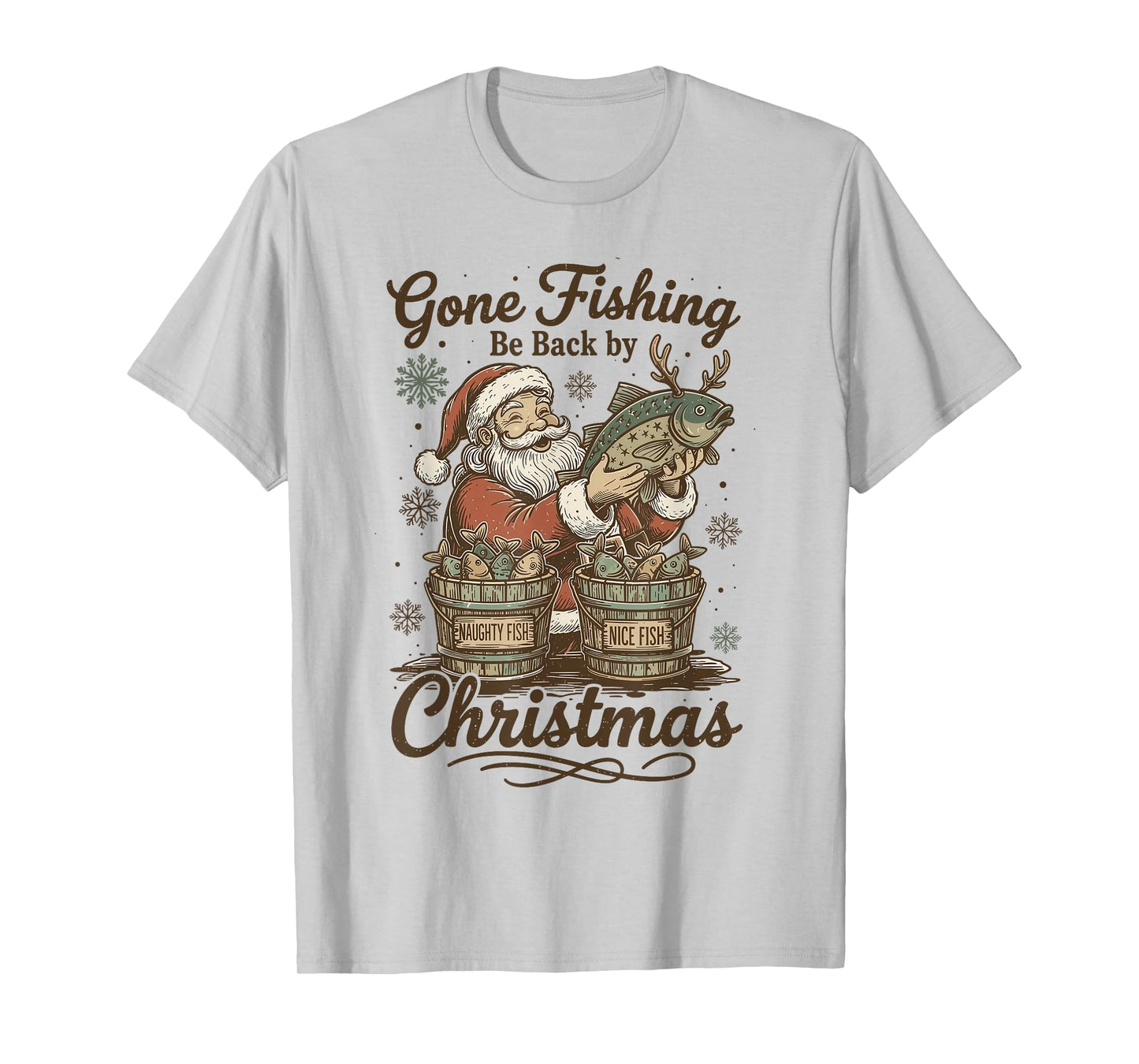 Gone Fishing Be Back by Christmas Santa Fishermen Retro T-Shirt