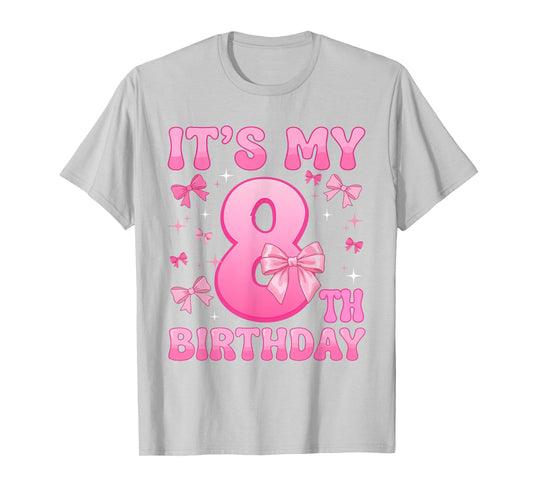 8th Birthday Shirts for Girls Coquette Bow Eight 8 Year Old T-Shirt
