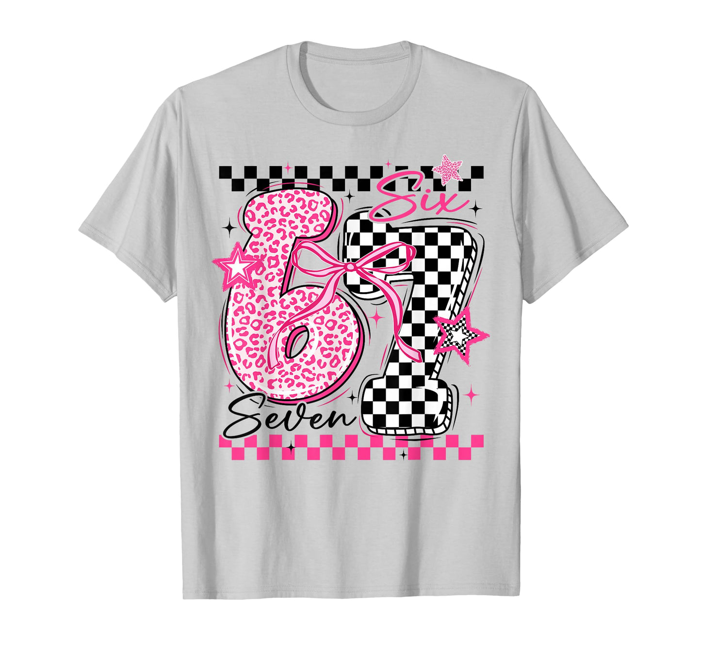67 Leopard Checkered Funny Six Seven Meme 6-7 Teachers Kids T-Shirt