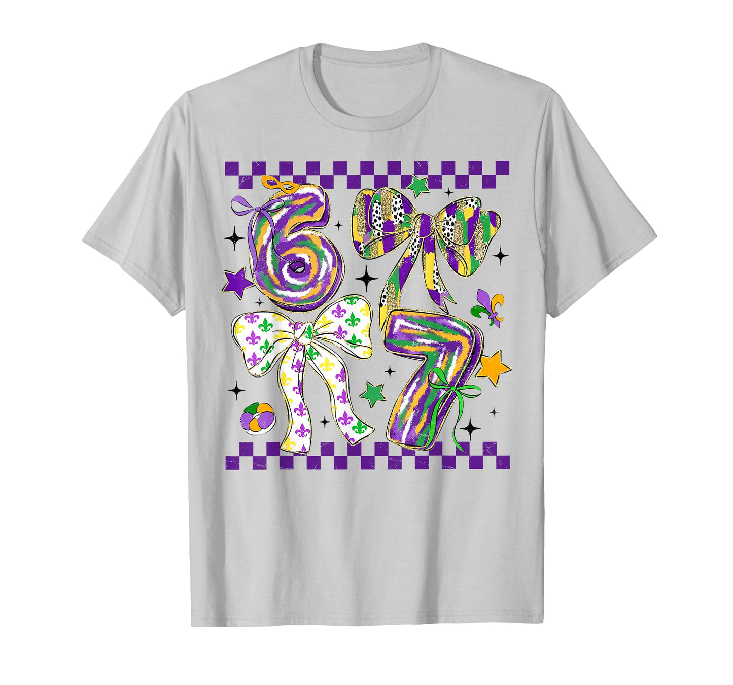 Mardi Gras Six Seven Bow Jester Beads 6 7 Meme Girls Kids T-Shirt