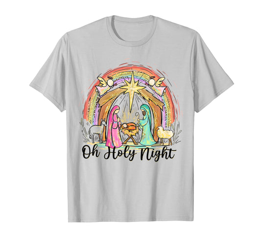 Oh Holy Night Nativity Scene Rainbow Christmas Art T-Shirt
