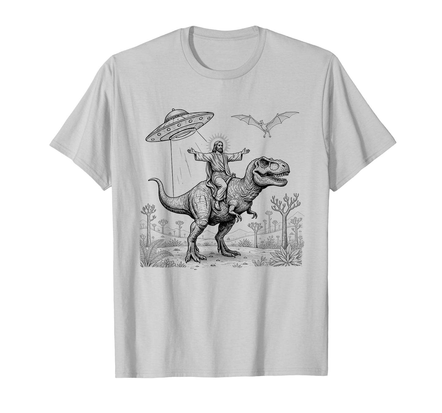 Jesus Riding Dinosaur T-rex UFO Hunting Alien Sci-fi Lover T-Shirt