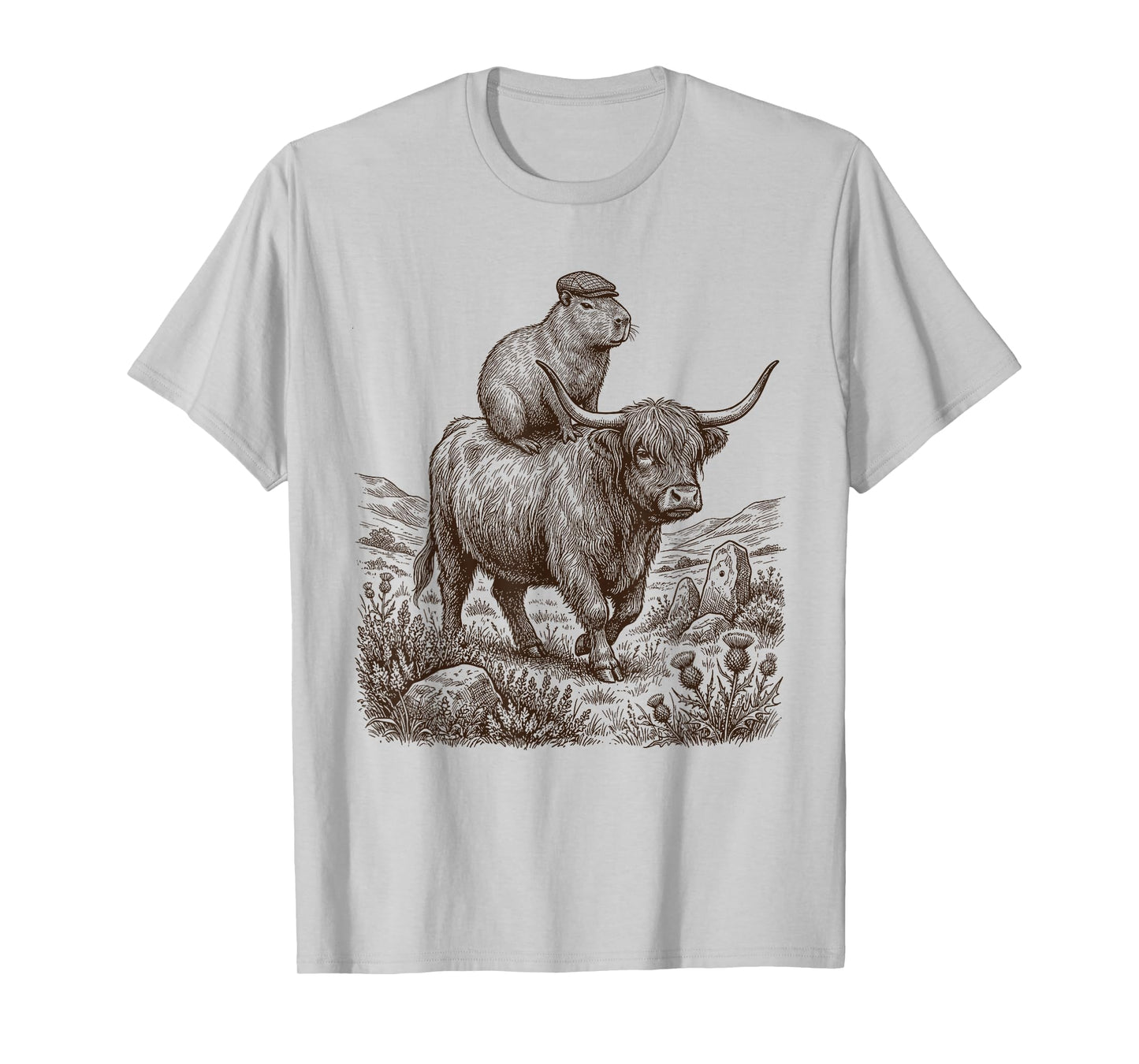 Funny Vintage Capybara Riding Highland Cow Lover T-Shirt