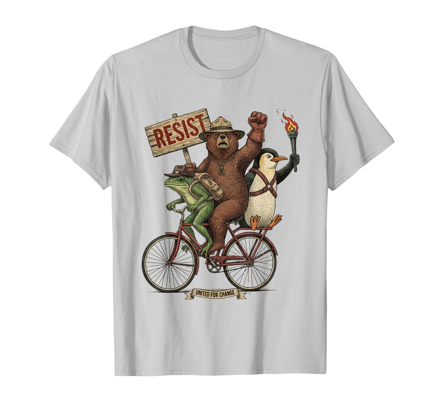 Penguin Frog Bear On Bike Resist Protest Vintage Men Women T-Shirt