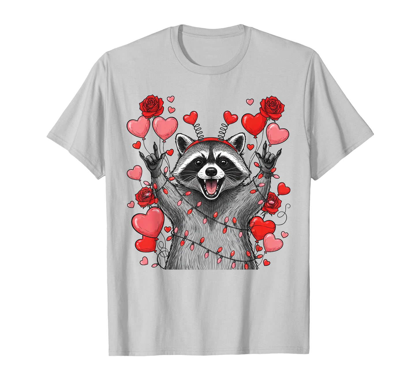 Rock On Hand Sign Racoon Meme Funny Valentines T-Shirt