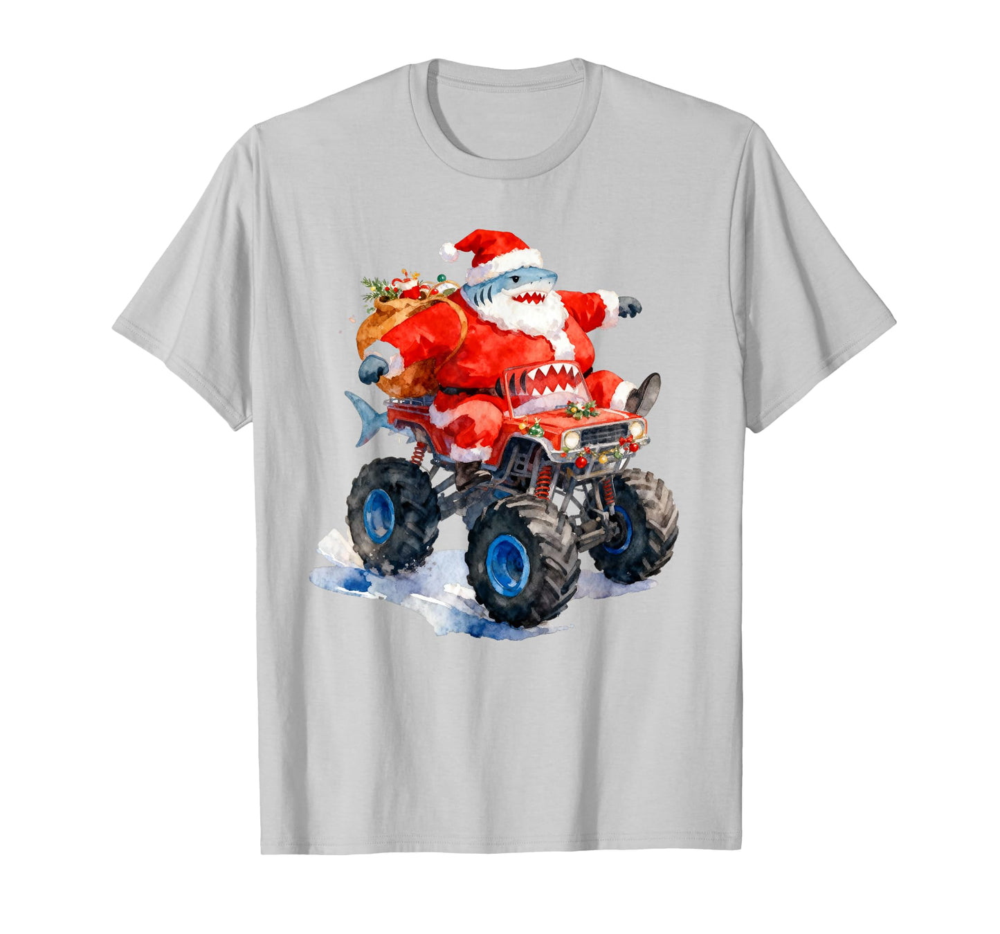 Funny Santa Shark Driving Monster Car Truck Christmas Day T-Shirt