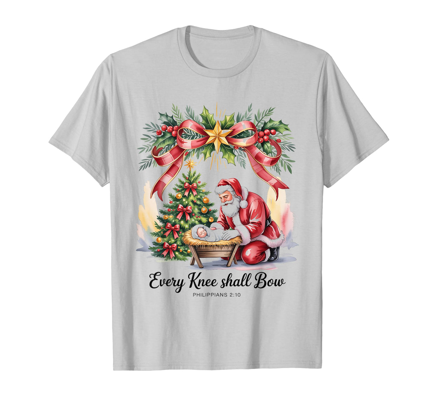 Vintage Every Knee Shall Bow Santa Clause Religious Xmas T-Shirt