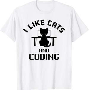 I Like Cats and Coding Funny Design T-Shirt - T-Shirt | White