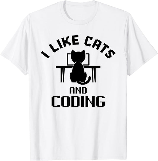 I Like Cats and Coding Funny Design T-Shirt - T-Shirt | White