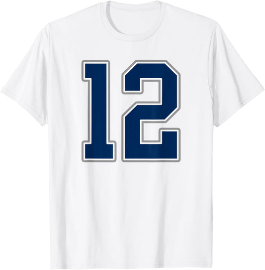 Navy Blue Silver Number 12 Jersey Player Uniform #12 T-Shirt - T-Shirt | White