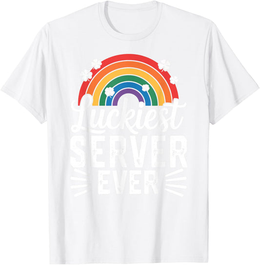 Luckiest Server Ever St Patricks Day Rainbow Shamrock T-Shirt - T-Shirt | White