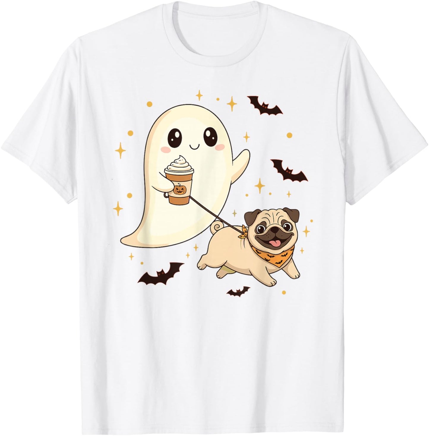 Cute Ghost Walking Dog Pug Coffee Halloween Costume T-Shirt - T-Shirt | White