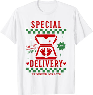 Funny Pregnancy Announcement Pizza Box Special Delivery T-Shirt - T-Shirt | White