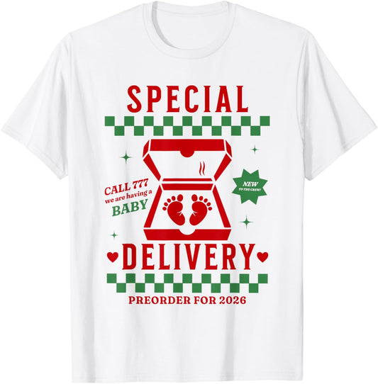 Funny Pregnancy Announcement Pizza Box Special Delivery T-Shirt - T-Shirt | White