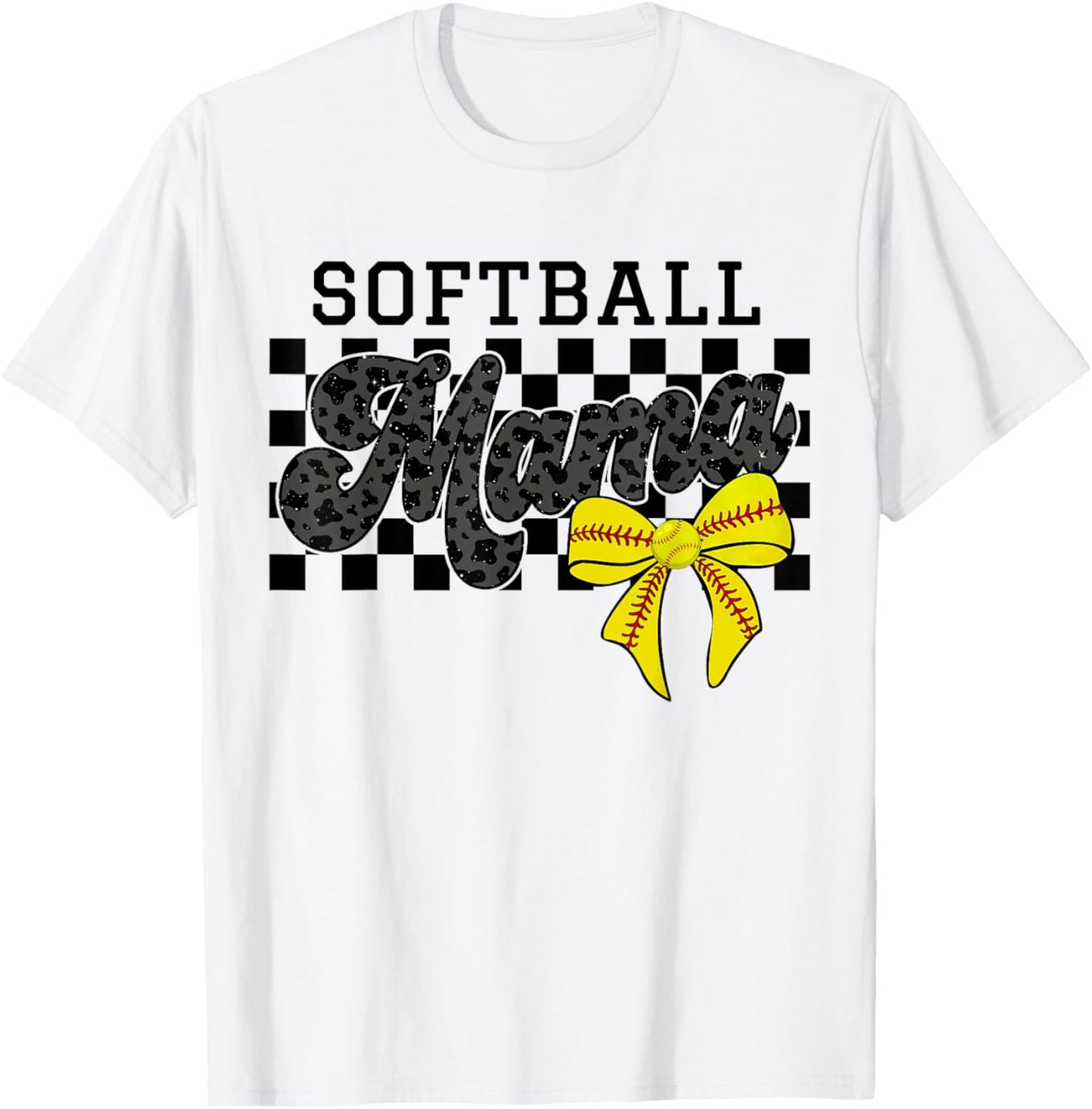 Softball Mama Mom Game Day Retro Checkered Coquette Bow T-Shirt - T-Shirt | White