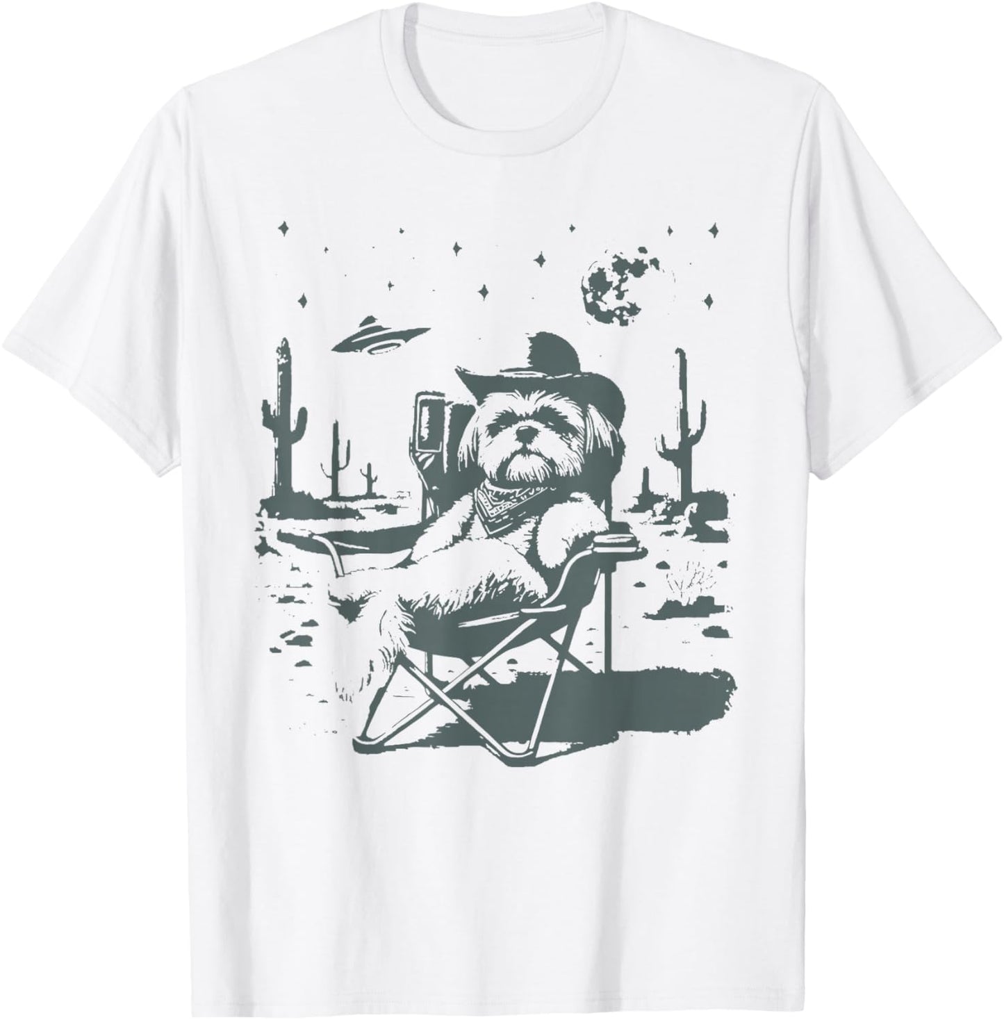 Vintage Shih Tzu UFO Western Cowboy Funny Dog Meme Art T-Shirt - T-Shirt | White