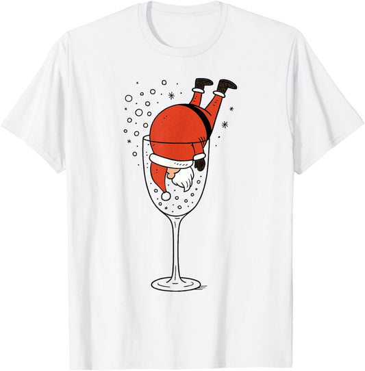 Funny Drunk Santa in Wine Glass Christmas Drinking Party T-Shirt - T-Shirt | White