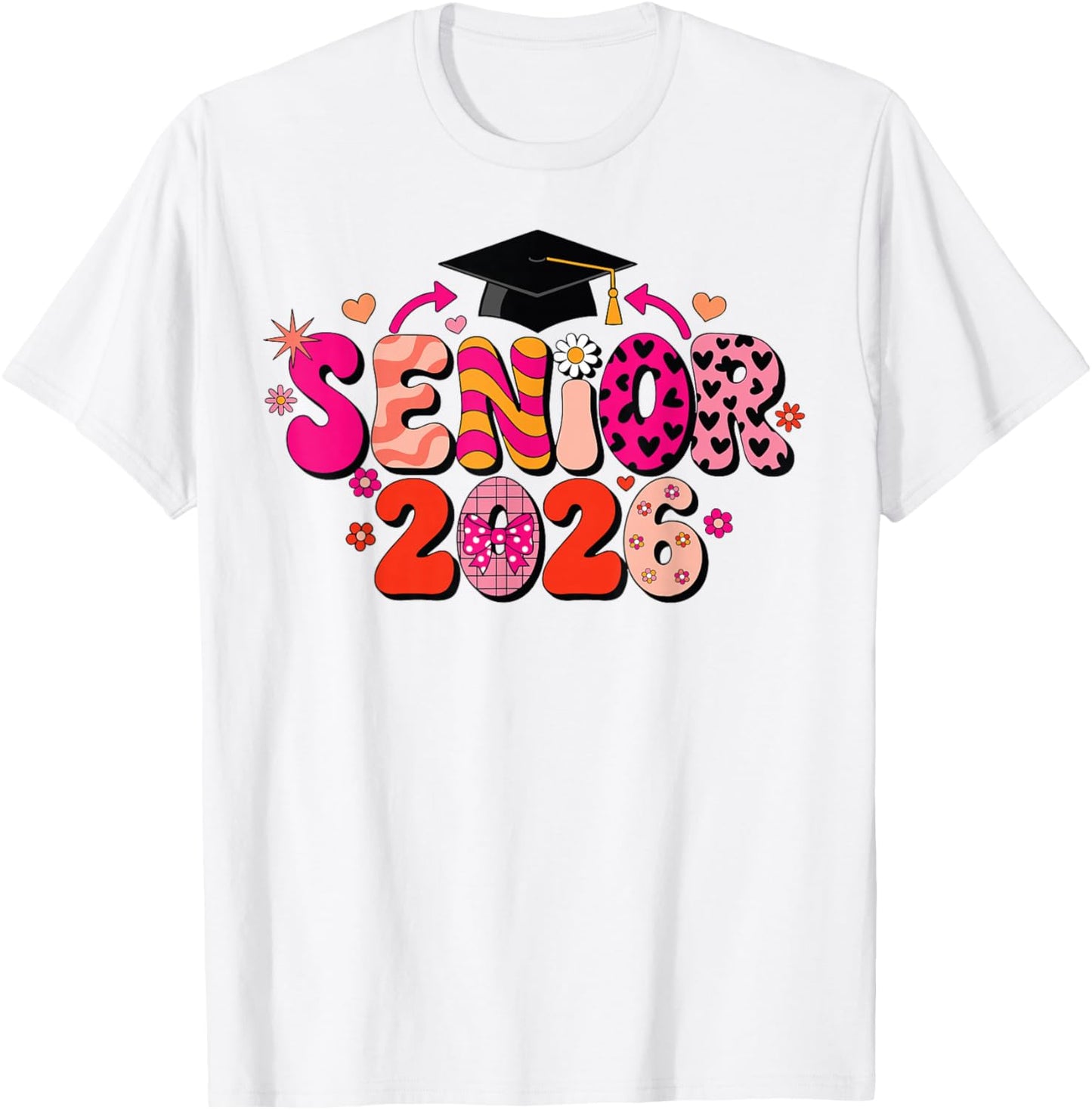 Girls Coquette Pink Bow Senior 2026 Groovy Graduation T-Shirt - T-Shirt | White