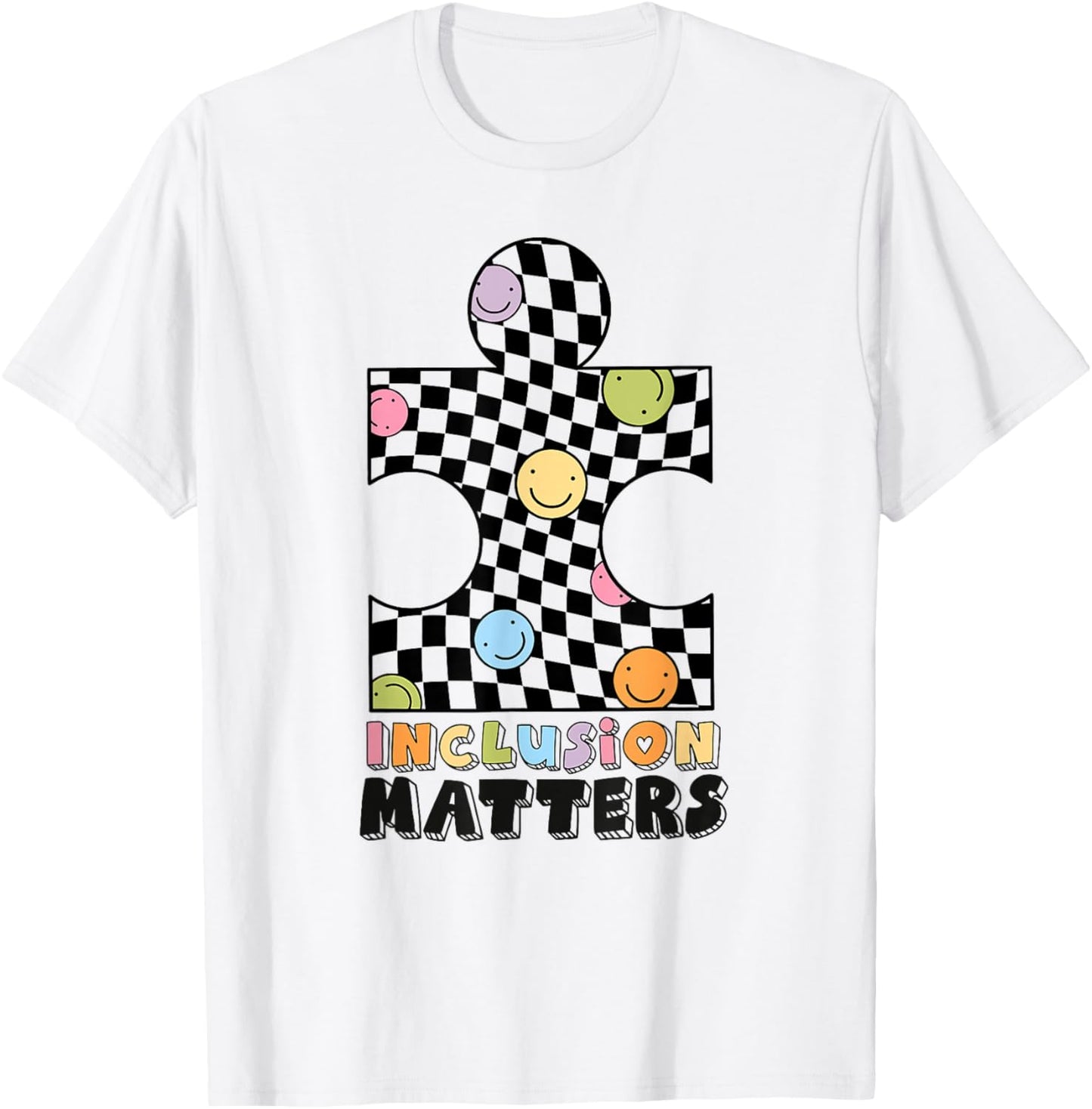 Inclusion Matters Checkered Puzzle Autism Awareness Support T-Shirt - T-Shirt | White
