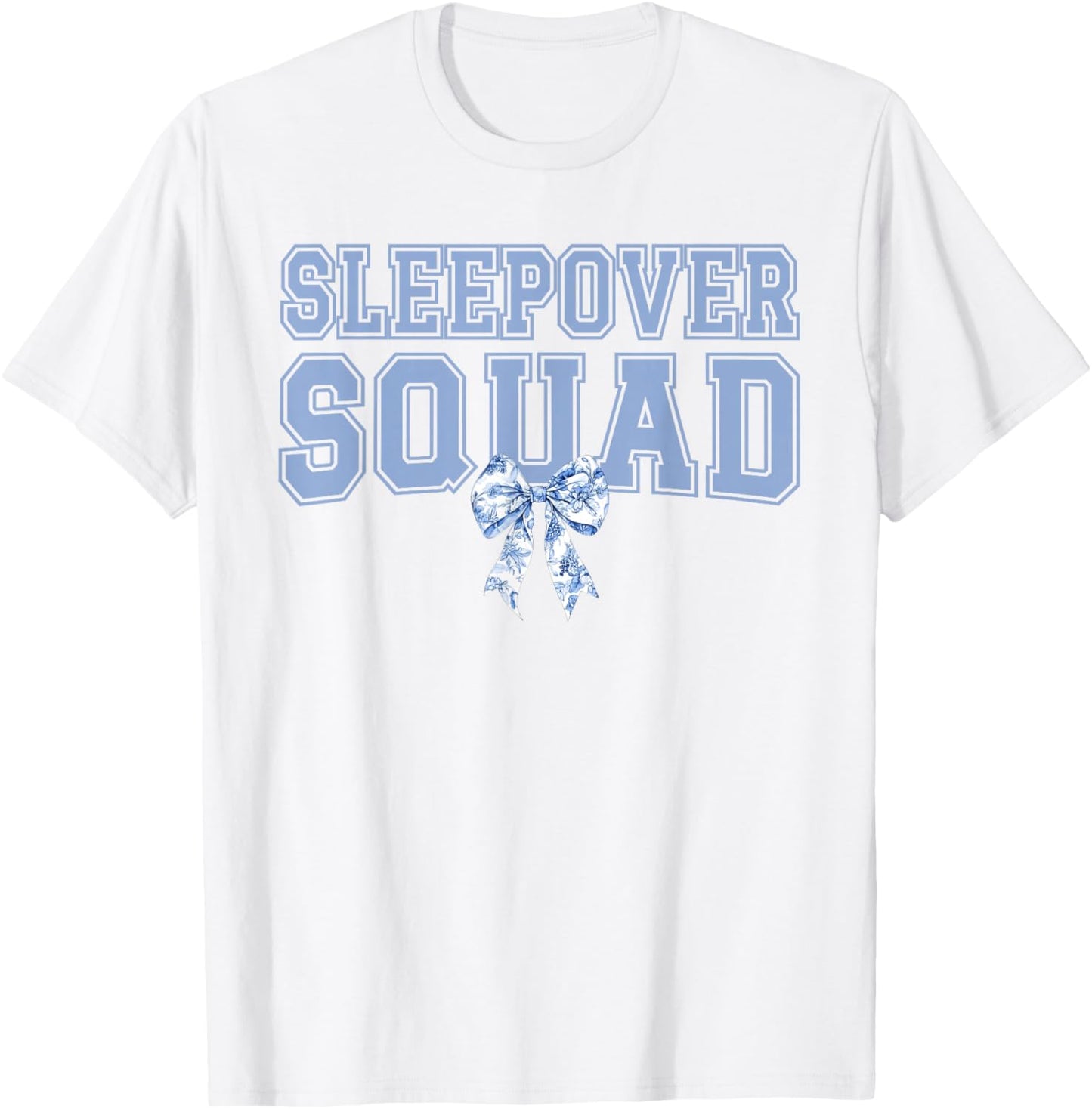 Sleepover Squad Coquette Toile Blue Bow Girls Party T-Shirt - T-Shirt | White