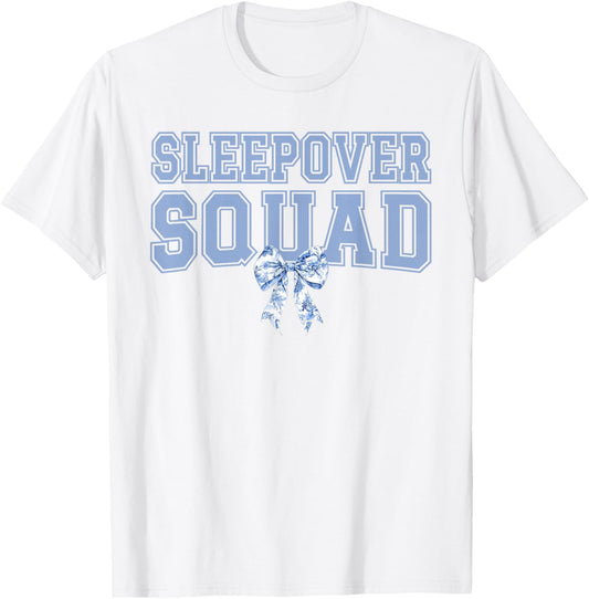 Sleepover Squad Coquette Toile Blue Bow Girls Party T-Shirt - T-Shirt | White