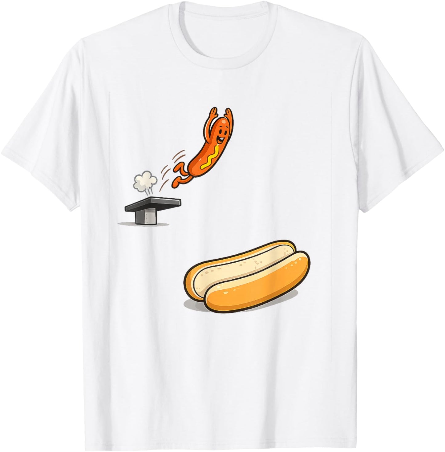 Funny Hot Dog Diving Into Bun Cartoon Food Humor T-Shirt - T-Shirt | White