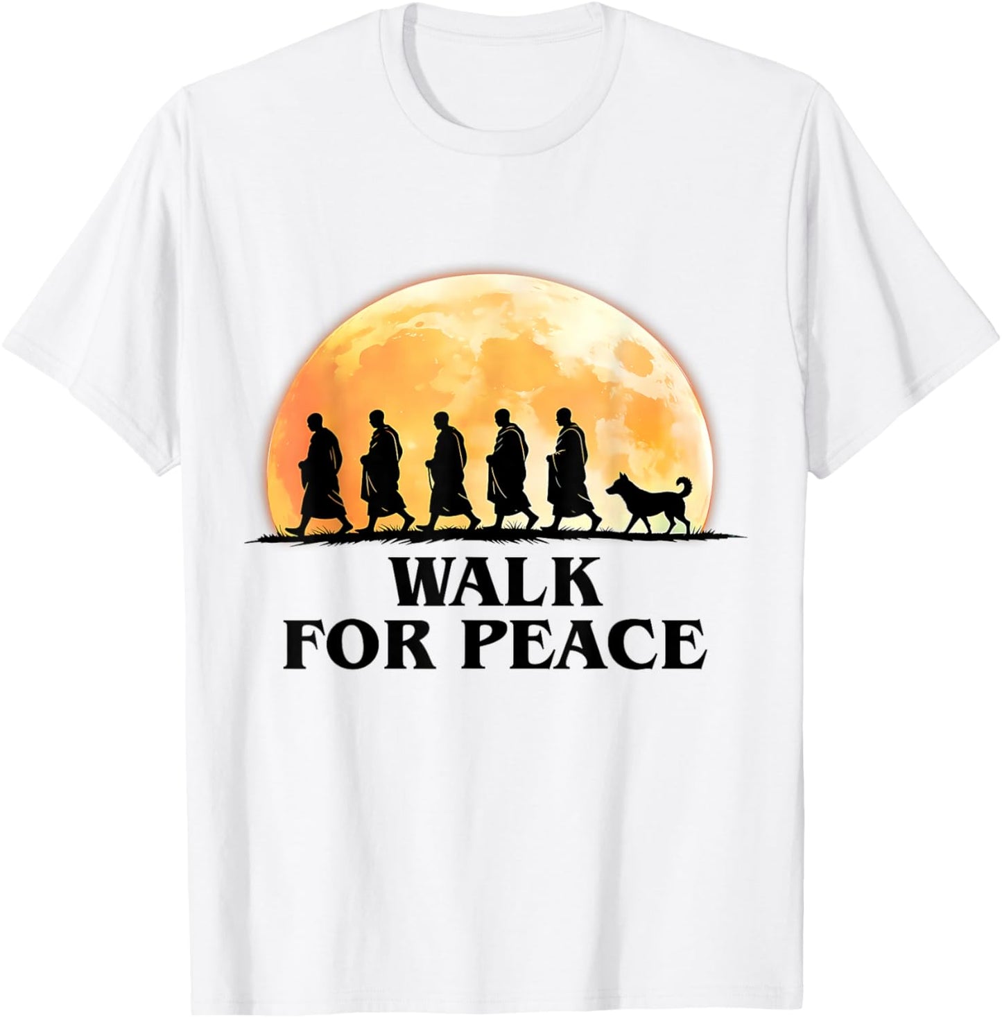 Retro Peace Walking Monks & Dog Minimalist Zen Art Graphic T-Shirt - T-Shirt | White