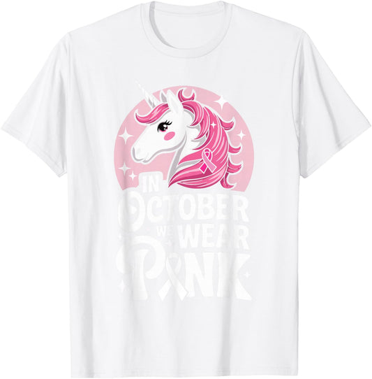 in October We Wear Pink Cute Unicorn Breast Cancer Month T-Shirt - T-Shirt | White