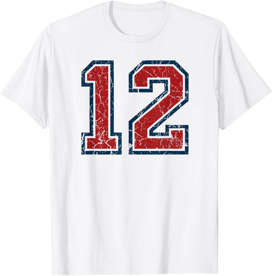 Red and Blue Sports Number 12 Jersey Uniform Player Fan T-Shirt - T-Shirt | White