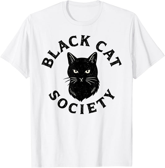 Black Cat Society Minimalist Vintage Style Cat Lover T-Shirt - T-Shirt | White