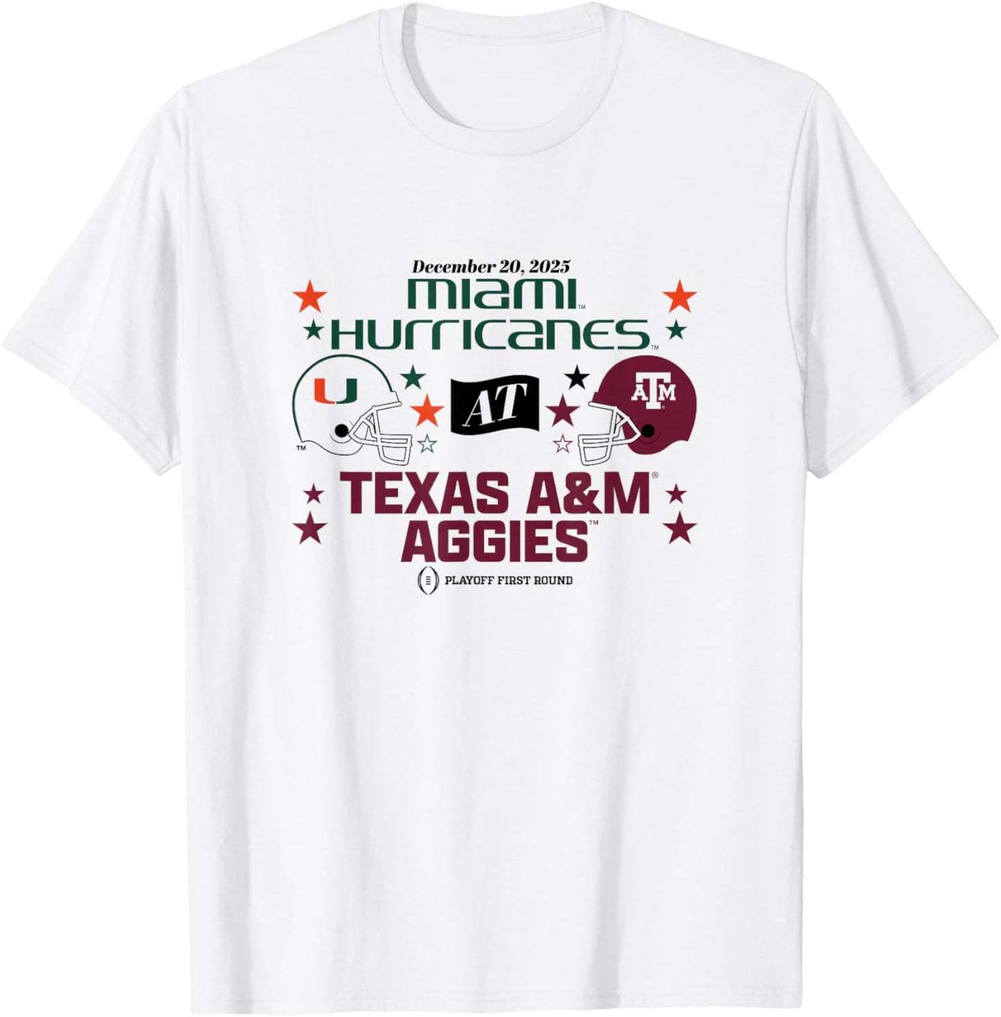 Texas A&M & Miami: 2025 CFP First Round Matchup T-Shirt - T-Shirt | White