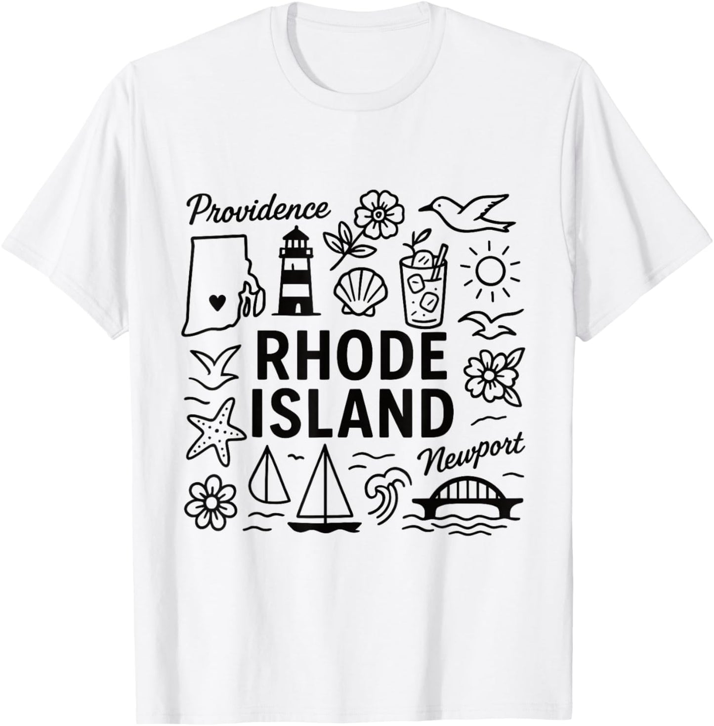Rhode Island USA State Symbols Vintage Souvenir Cute Doodle T-Shirt - T-Shirt | White