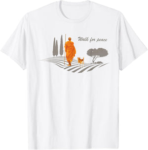 Retro Peace Walking Monks & Dog Minimalist Zen Art T-Shirt - T-Shirt | White