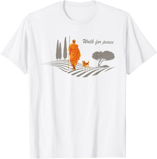 Retro Peace Walking Monks & Dog Minimalist Zen Art T-Shirt - T-Shirt | White