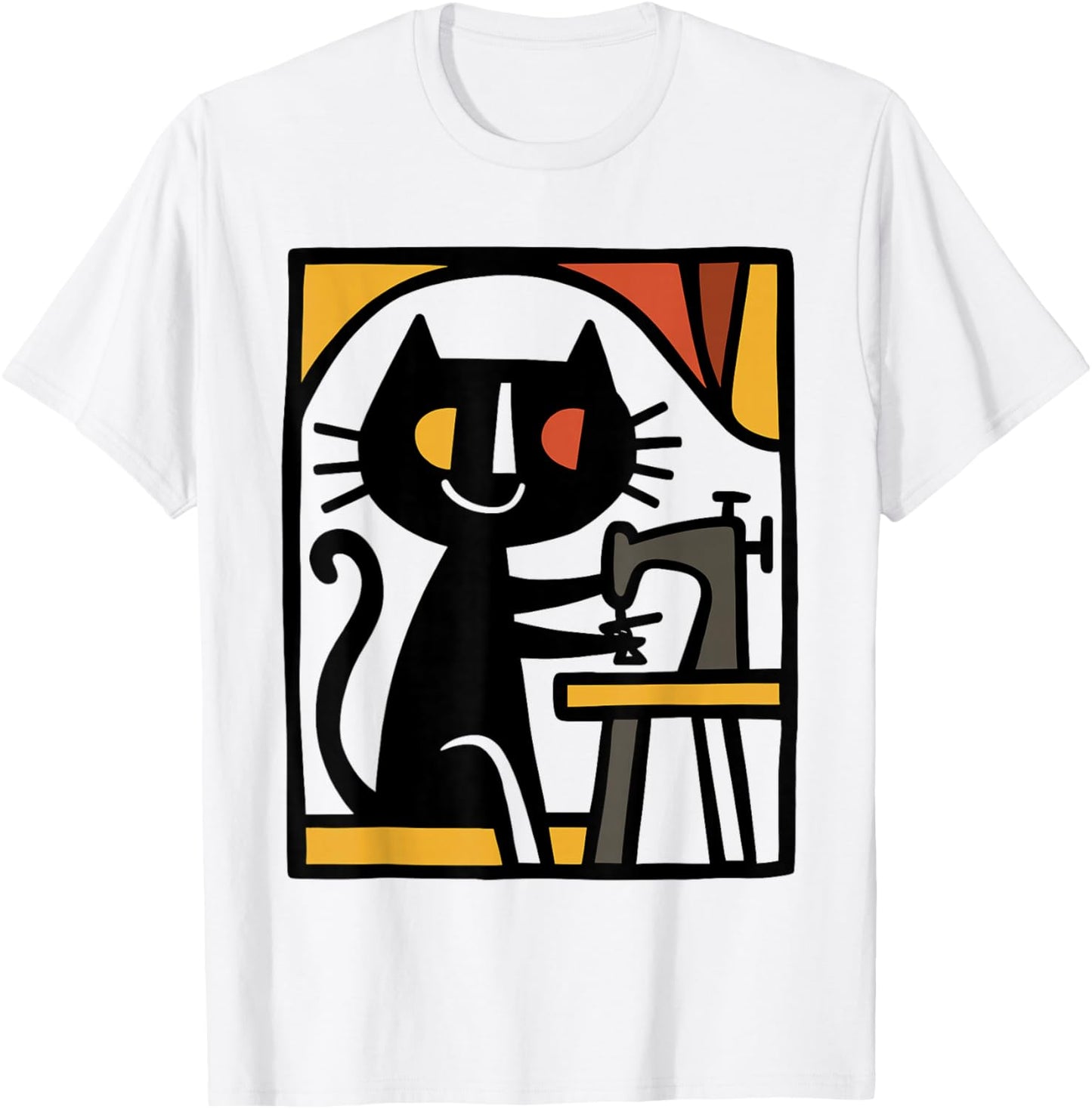 Black Cat Sewing Illustration Cute Cat at Sewing Machine Art T-Shirt - T-Shirt | White