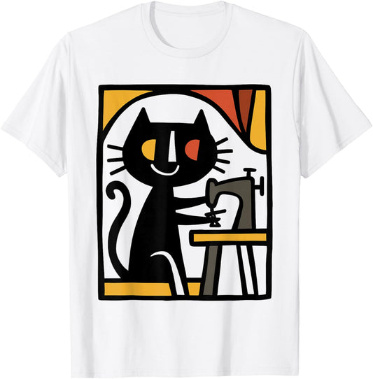 Black Cat Sewing Illustration Cute Cat at Sewing Machine Art T-Shirt - T-Shirt | White