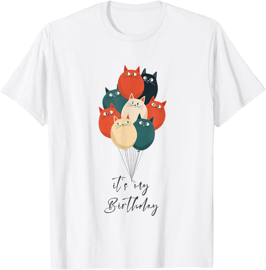 Funny It's My Birthday with Balloons Cats T-Shirt - T-Shirt | White