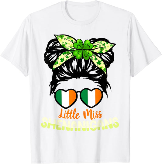 Miss Shenanigans Messy Bun Ireland Shamrock St Patrick Girl T-Shirt - T-Shirt | White