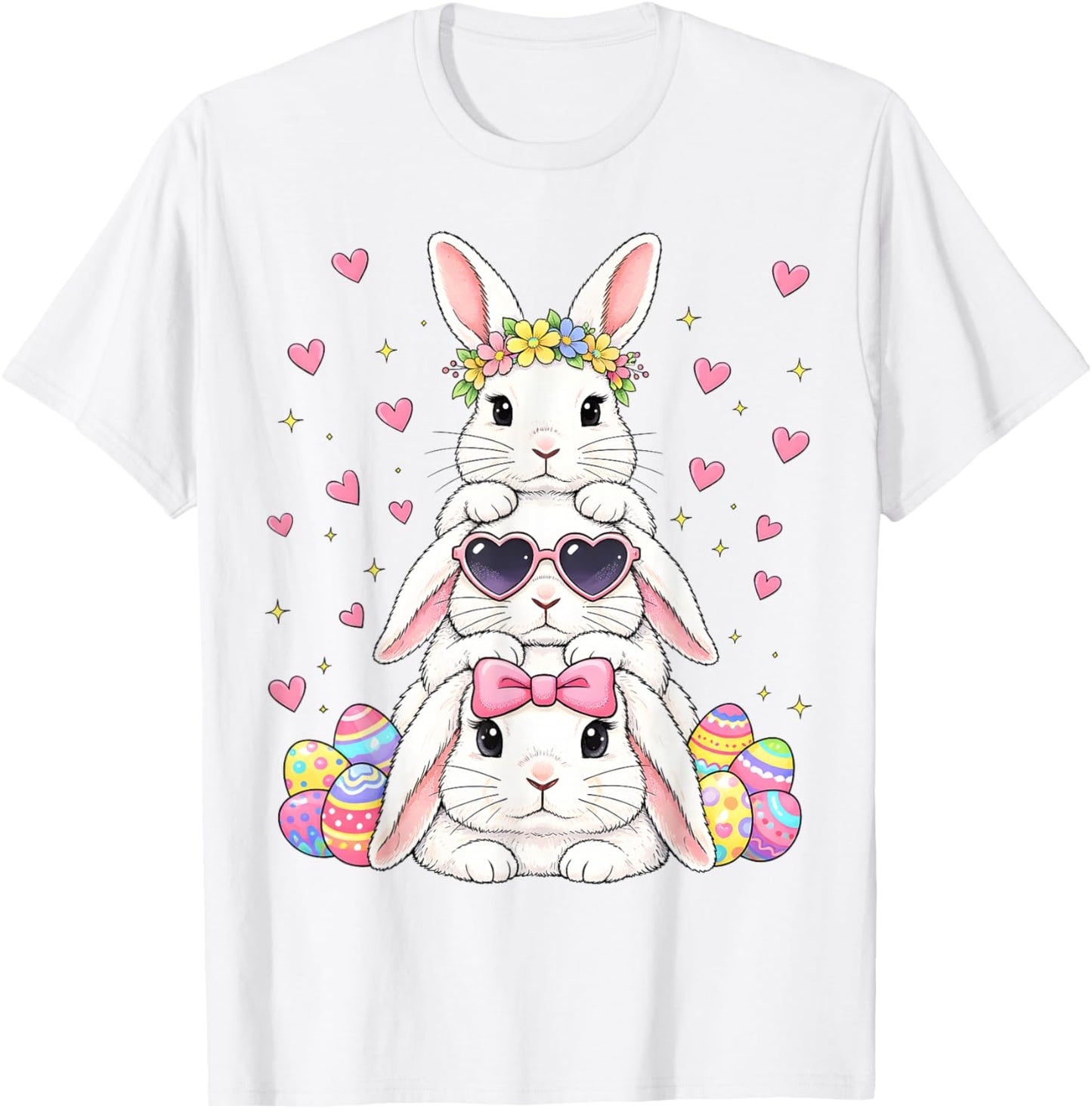 Cute Happy Easter Bunny Stack Floral Easter Eggs Girl Kids T-Shirt - T-Shirt | White