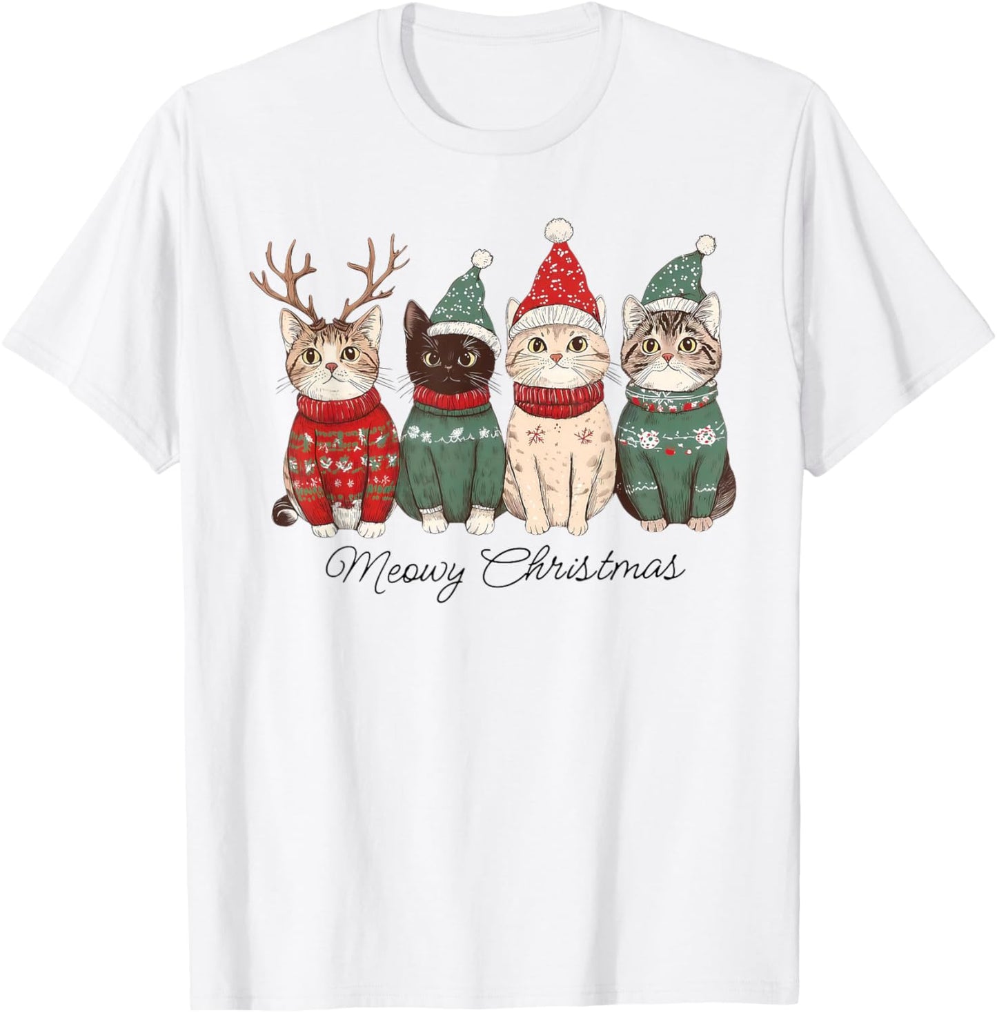 Meowy Catmas Cat Christmas Lights Xmas Pajamas Cat Lover T-Shirt - T-Shirt | White