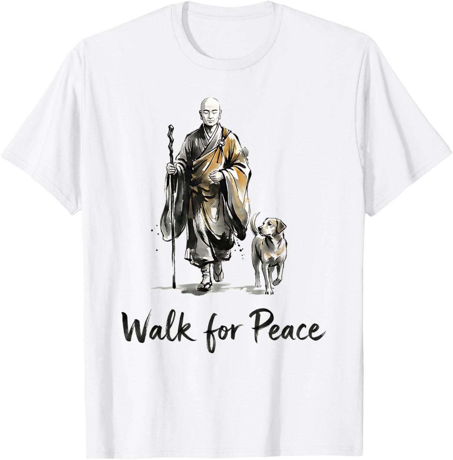 Minimalist Zen Art Walk for Peace Monks with Aloka Dog T-Shirt - T-Shirt | White