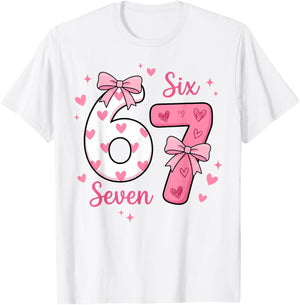 Funny 67 Cute Six Seven Meme Pink Hearts Bow Valentine's Day T-Shirt - T-Shirt | White