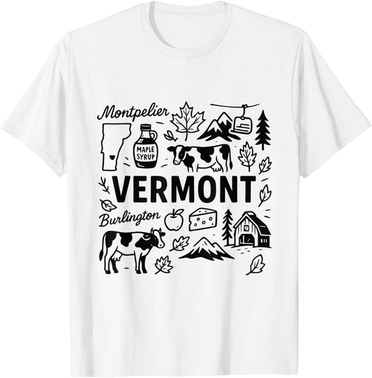 Vermont USA State Symbols Vintage Souvenir Cute Doodle T-Shirt - T-Shirt | White