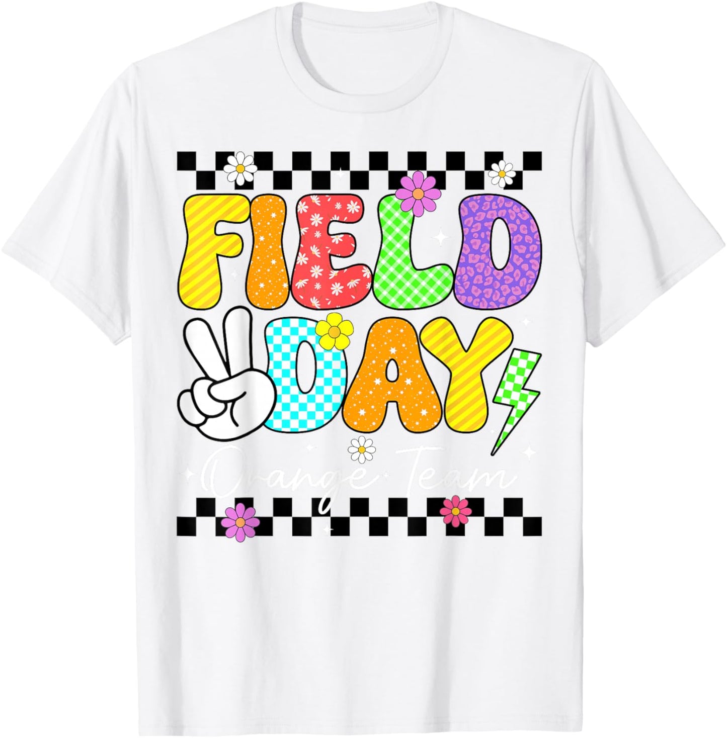 Groovy Field Day Orange Team Peace Lightning Teacher Kid T-Shirt - T-Shirt | White