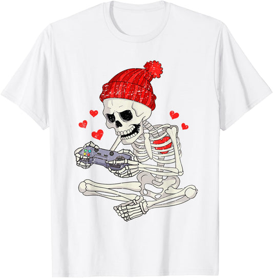 Funny Boys Valentines Skeleton Gamer Video Games Gaming T-Shirt - T-Shirt | White