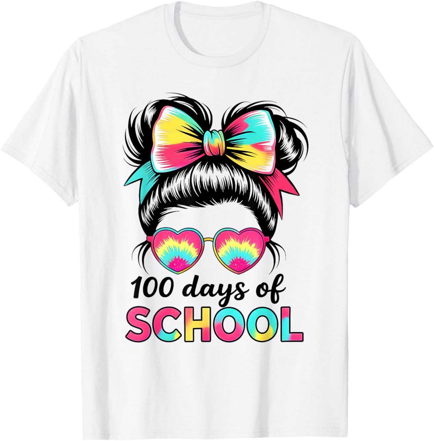 100 Days of School Girls Kids Messy Bun 100th Day of School T-Shirt - T-Shirt | White