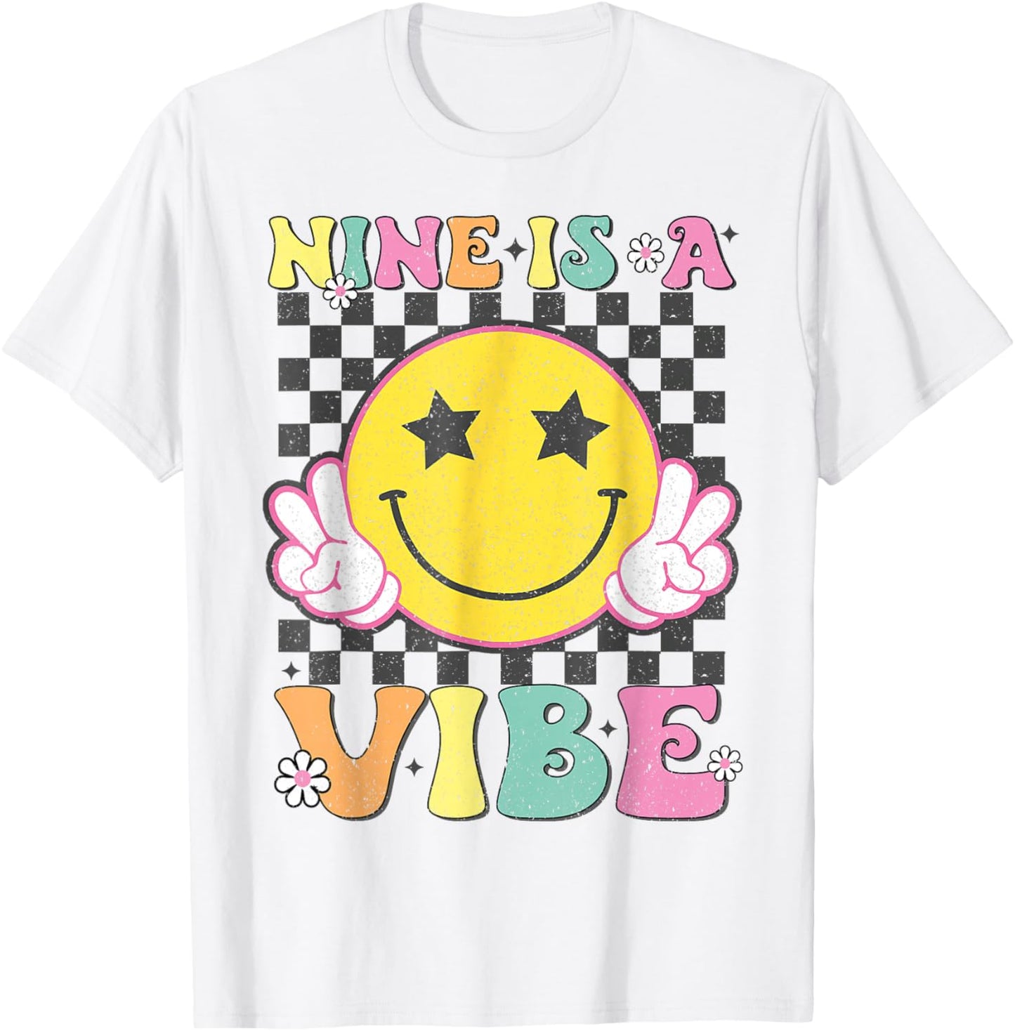 Nine is A Vibe 9th Birthday Groovy Smile Face 9 Years Old T-Shirt - T-Shirt | White