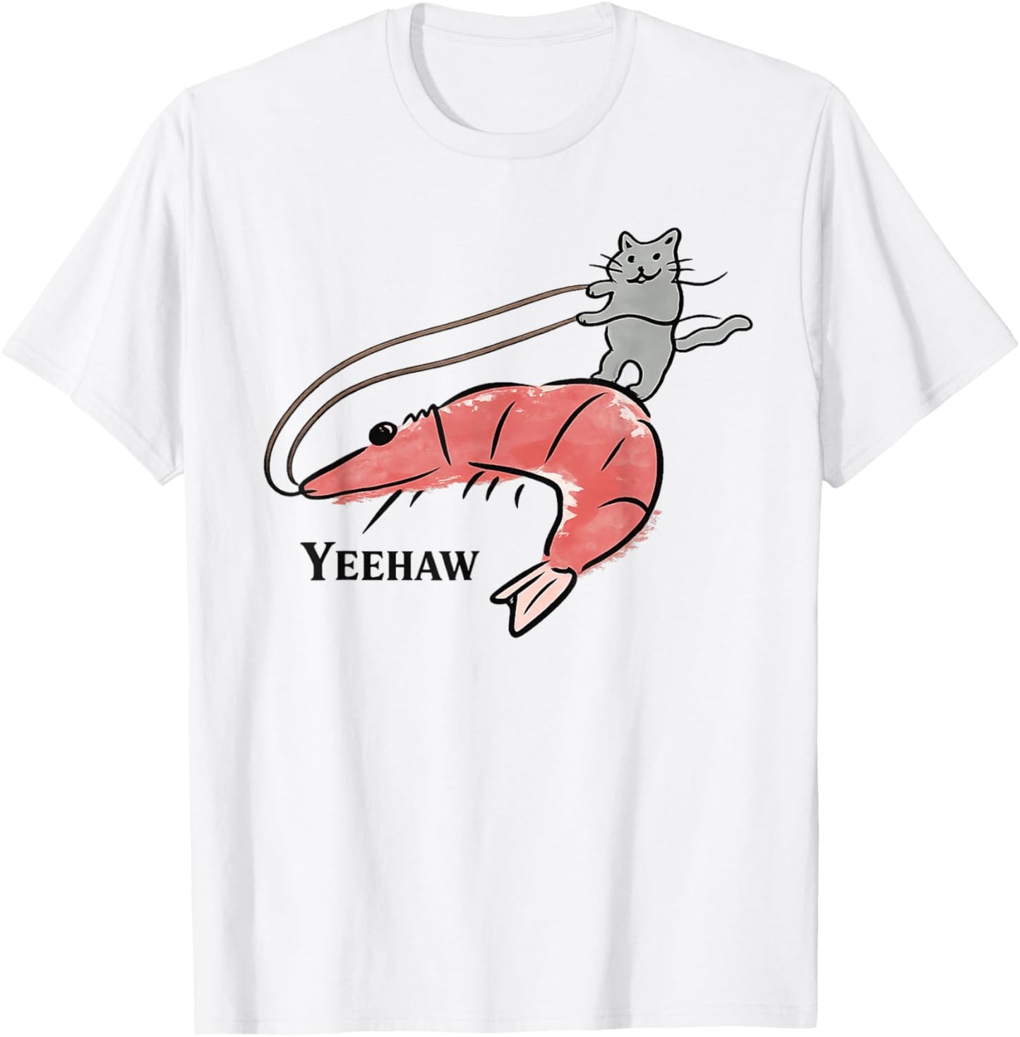 Yeehaw Cowboy Cat Western Funny Cat Riding Shrimp Meme Cute T-Shirt - T-Shirt | White