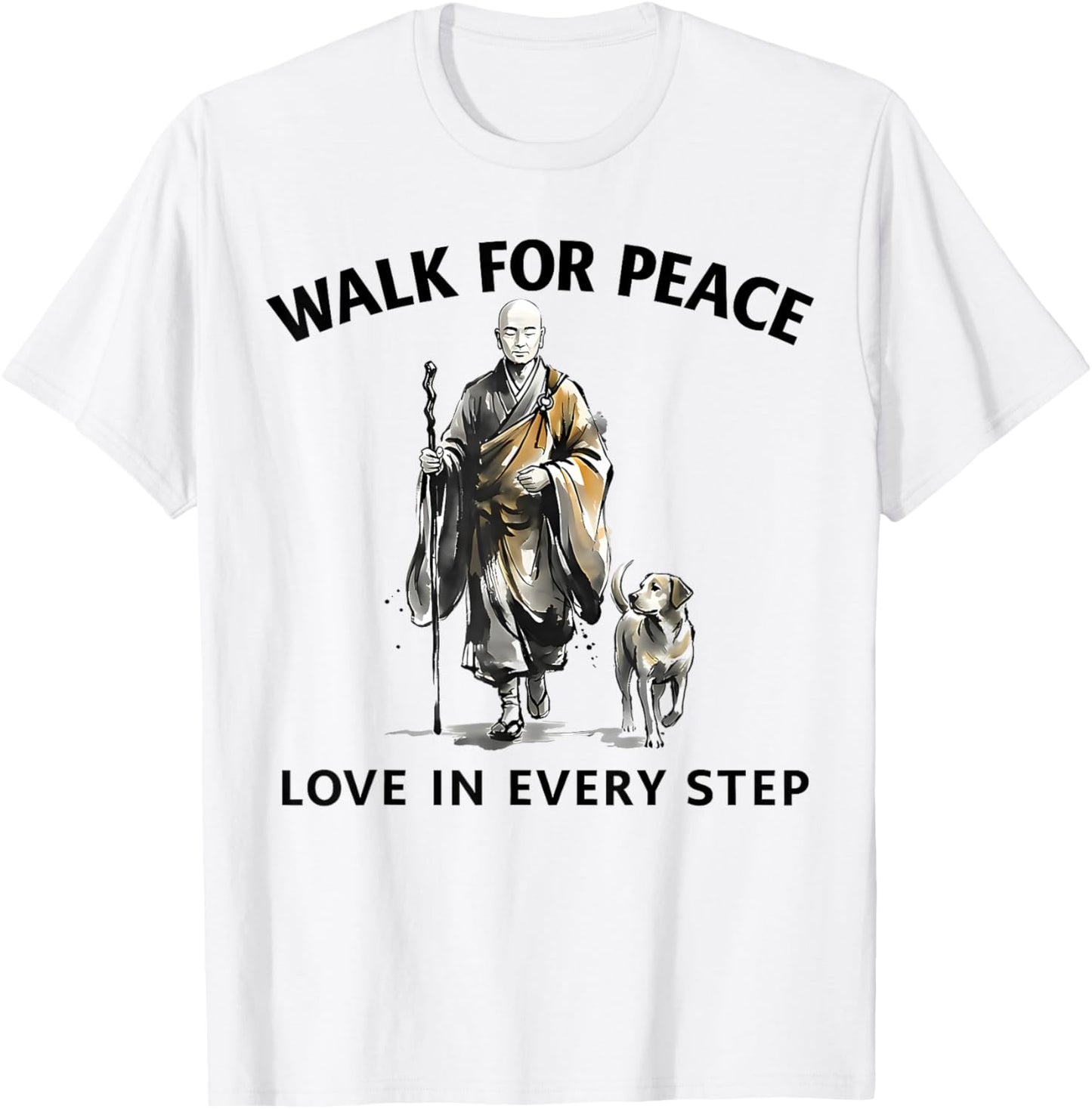 Retro Peace Walking Monks & Dog Minimalist Zen Art T-Shirt - T-Shirt | White